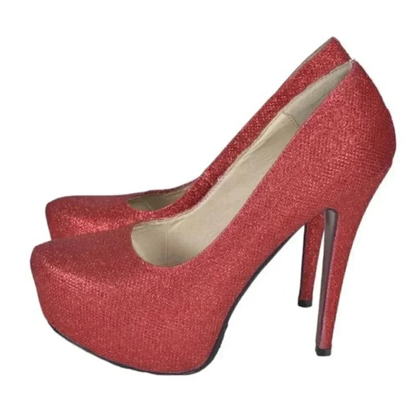 Brida Red Glitter Platform  Heels Stilettos Glitter Closed Toe Size 39 - Picture 8 of 12